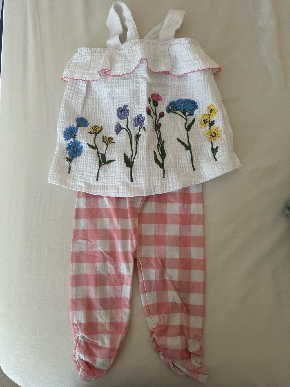 Mud Pie White Floral Embroidered Top with Pink Gingham Pants